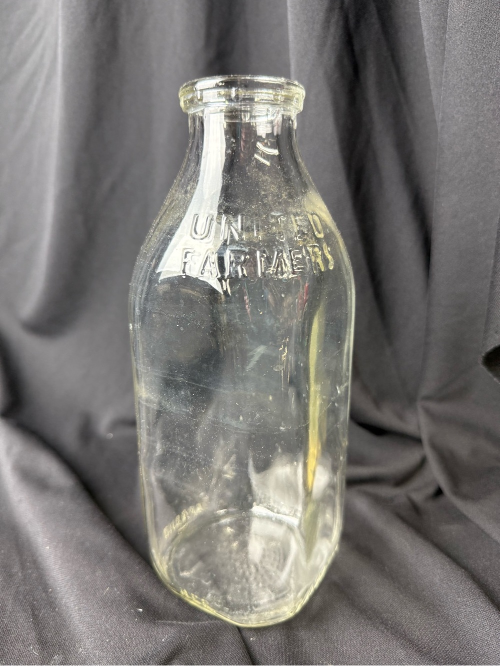 United Farmers Antique Clear Glass Milk Bottle - Decorative Vase or Pitcher